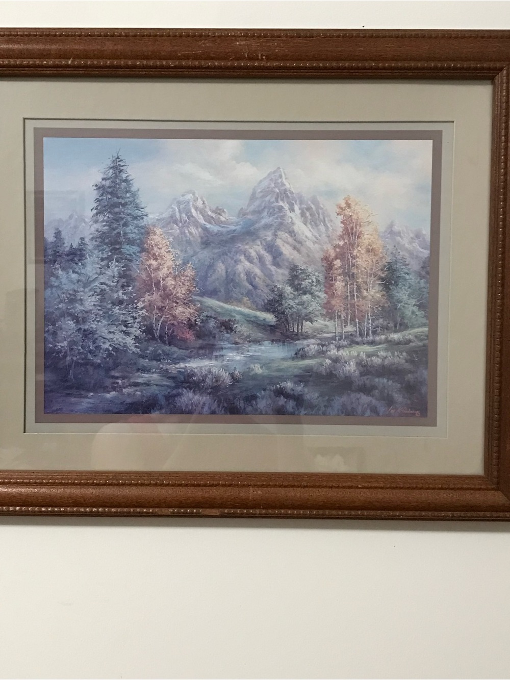 Vintage Lee K Parkinson Mountain Landscape Matted Print  in a 13x16 Wooden Frame